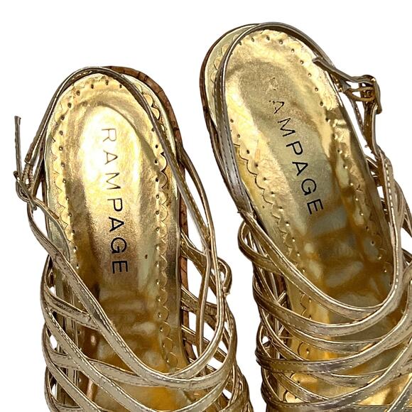 Rampage Gold Metallic Strappy Sandal Womens Sz 8 Cork Wedges Glam Holiday‎ Club - Picture 12 of 14